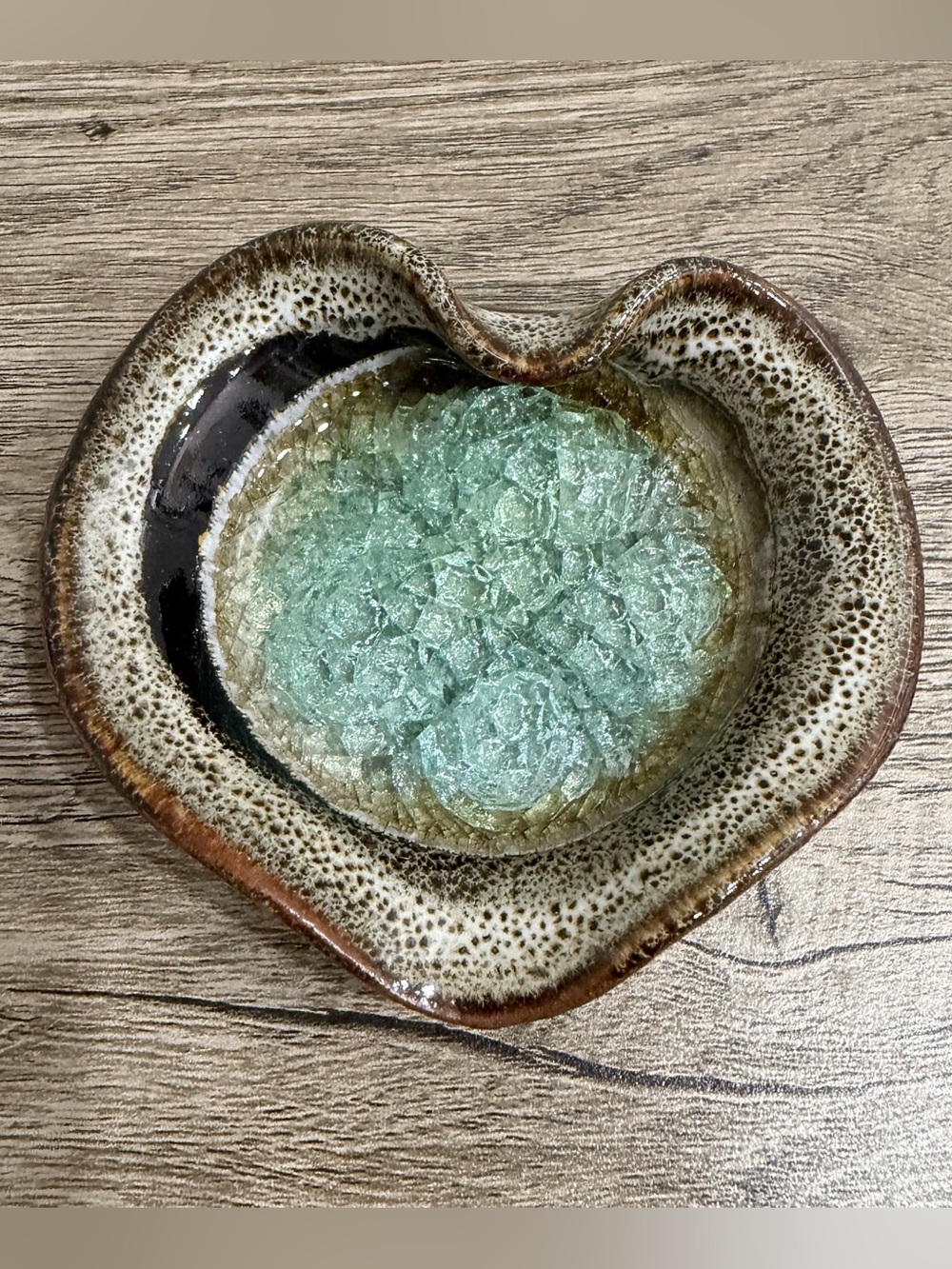 Heart Shape Art Studio Pottery Ashtray Crackle Glass Trinket Dish USA Teal Small